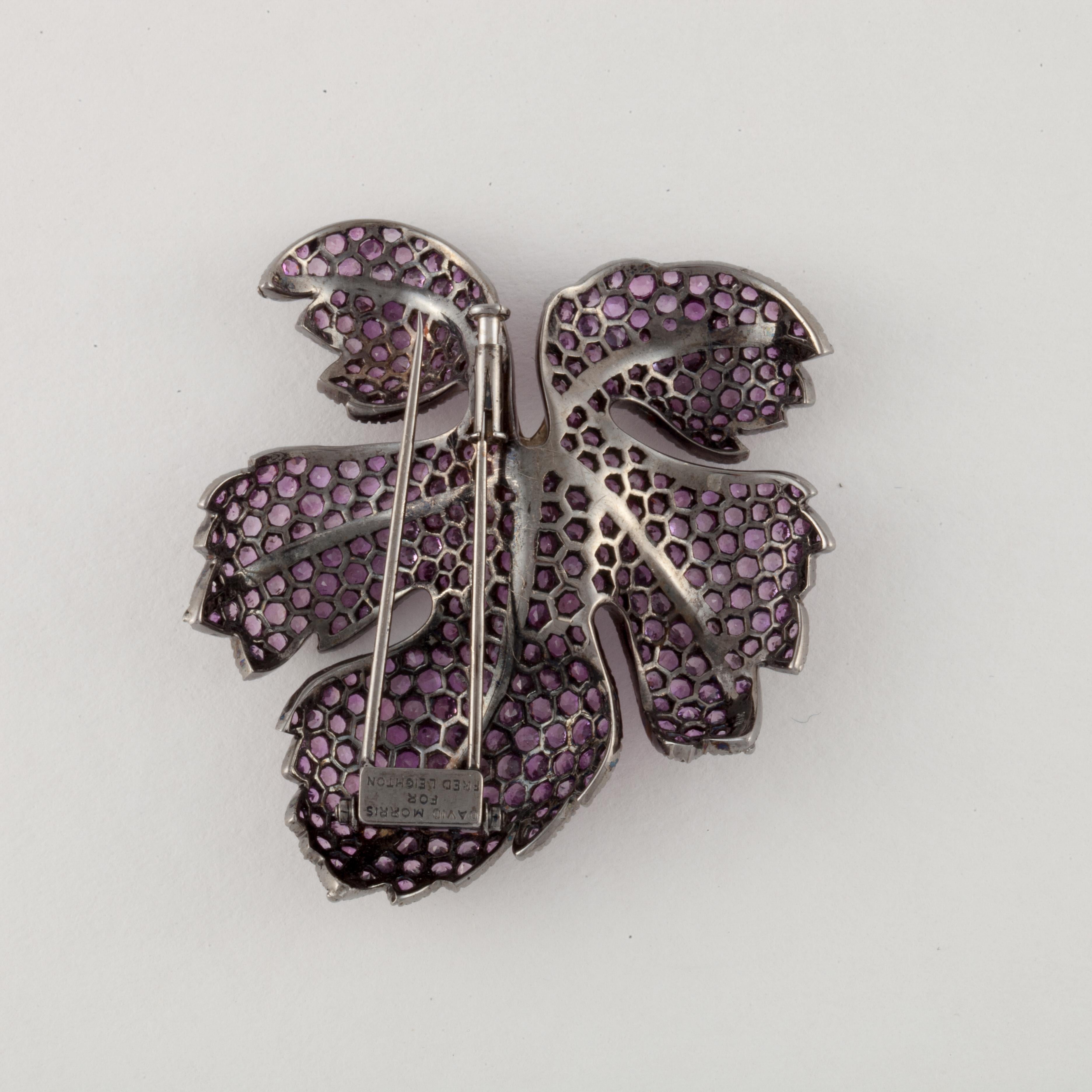 Round Cut Fred Leighton Pink Sapphire and Diamond Leaf Pin in 18K Blackened Gold