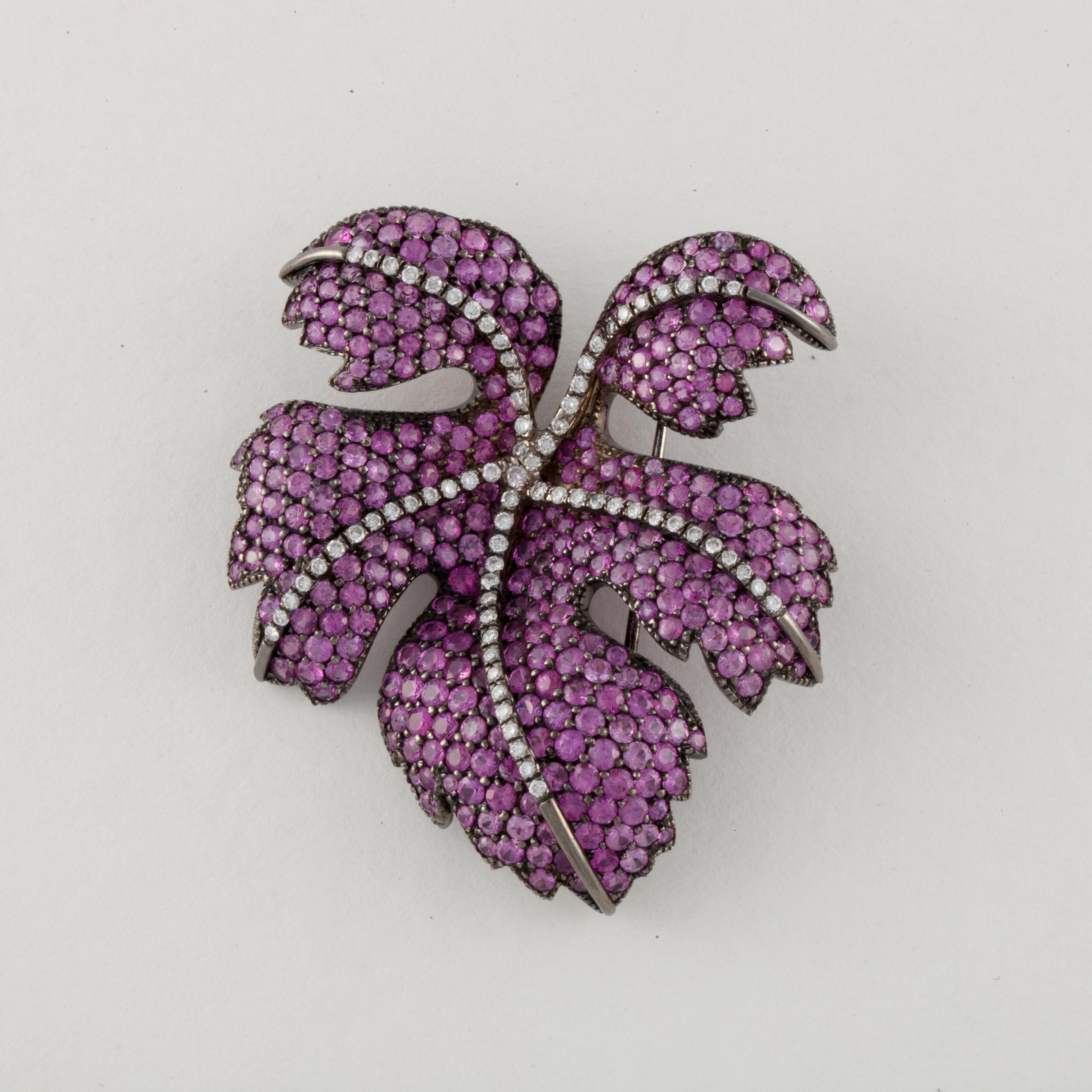 Fred Leighton Pink Sapphire and Diamond Leaf Pin in 18K Blackened Gold In Good Condition In Houston, TX