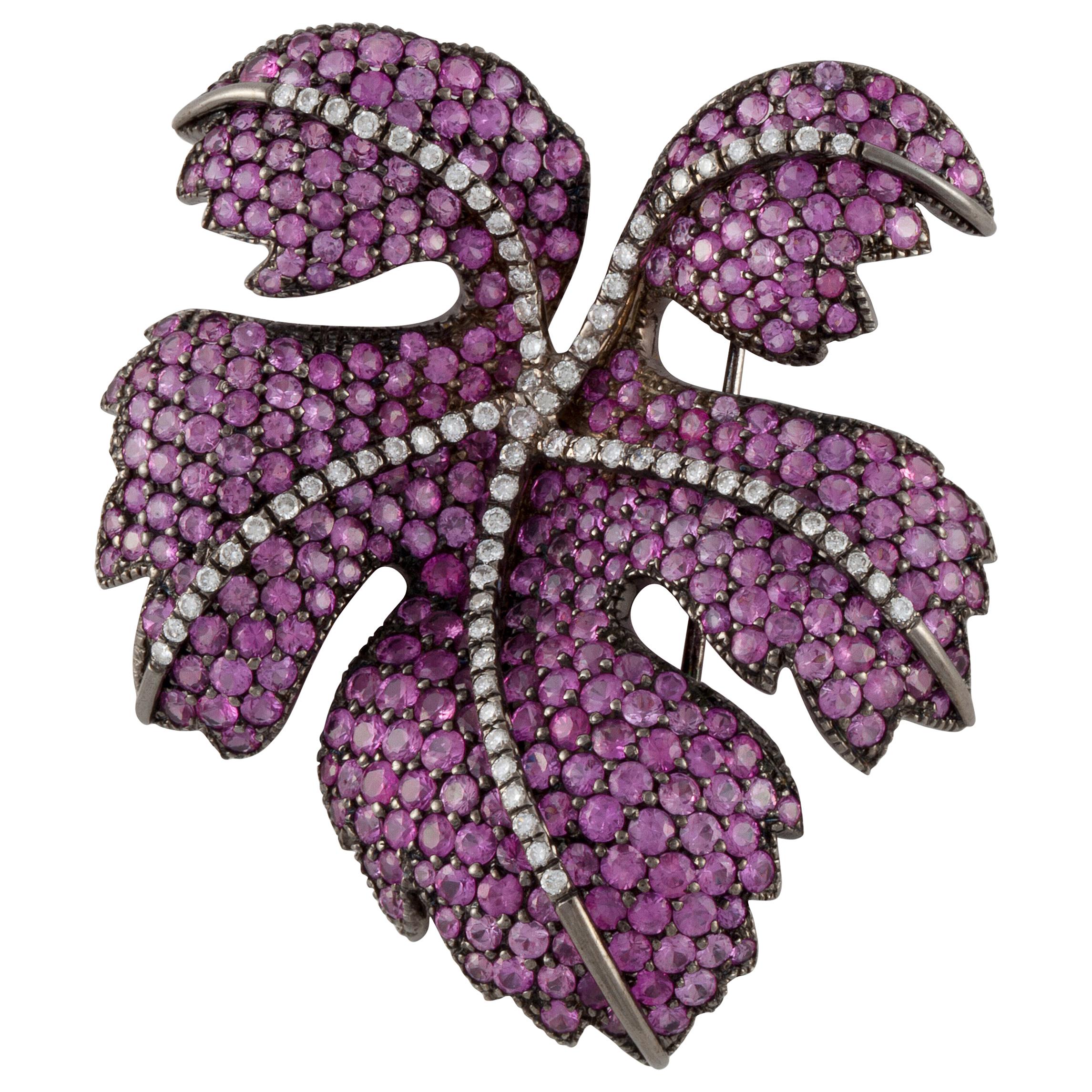 Fred Leighton Pink Sapphire and Diamond Leaf Pin in 18K Blackened Gold