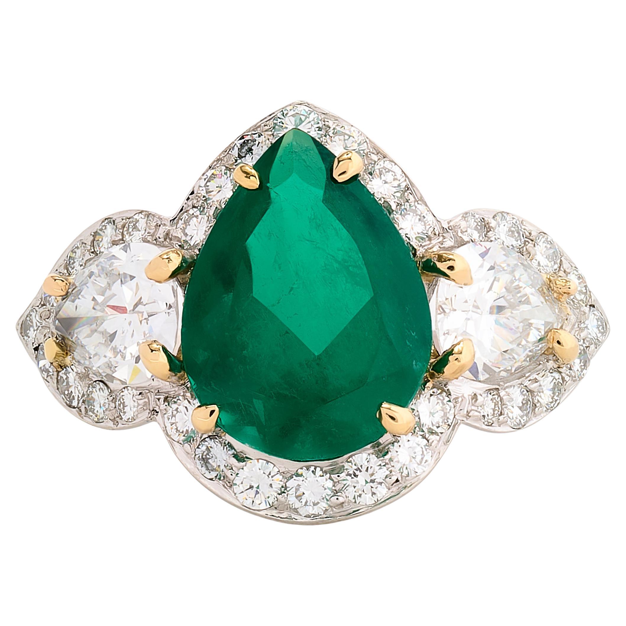 Fred Leighton Platinum Columbian Emerald and Diamond Halo Ring For Sale