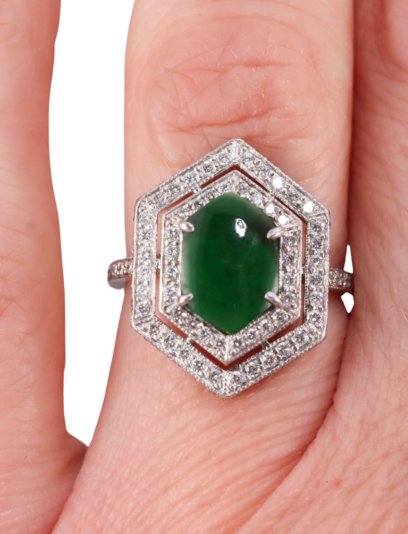 Fred Leighton Platinum Jade Diamond Ring In Excellent Condition For Sale In New York, NY