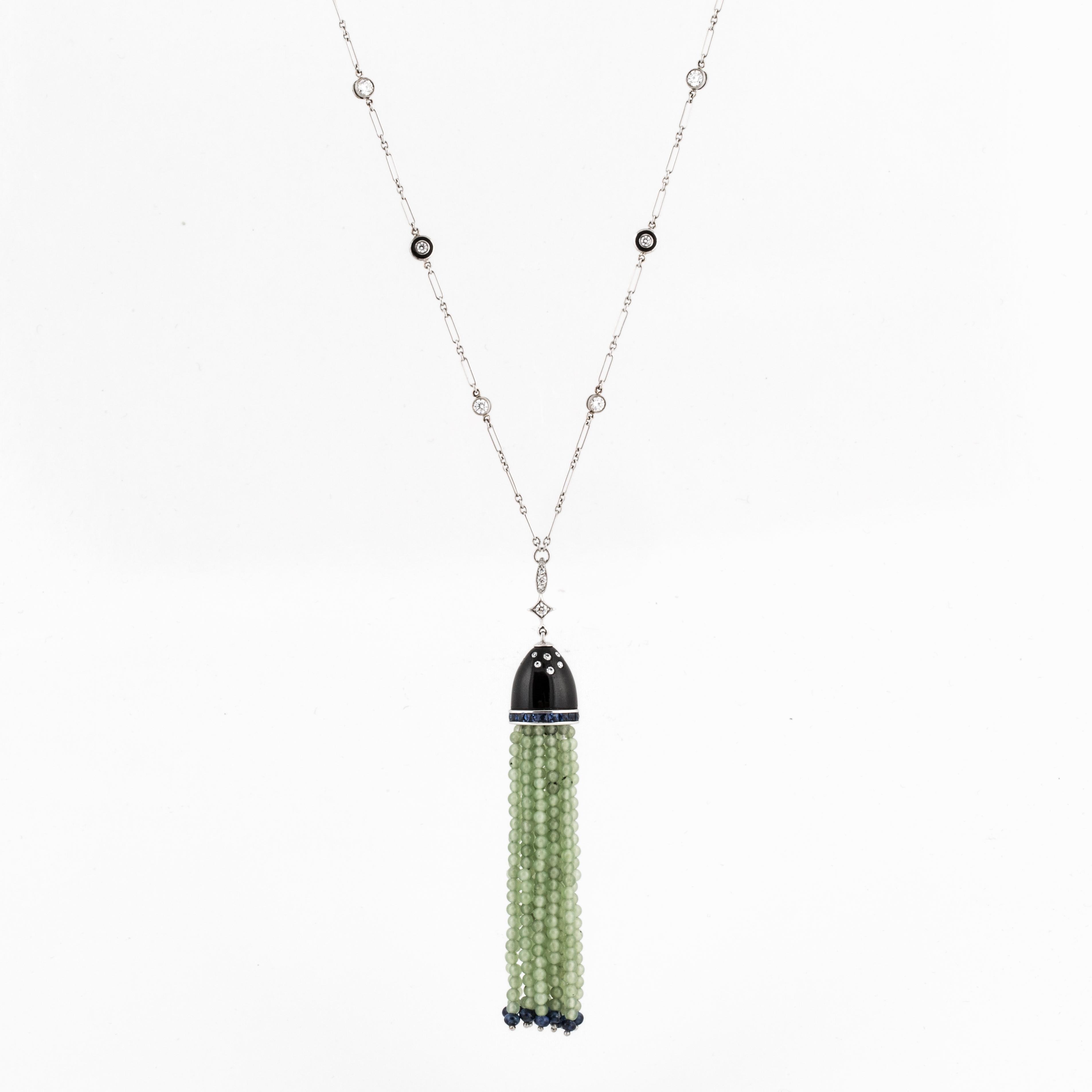 Mixed Cut Fred Leighton Onyx and Jade Tassel Pendant Necklace in 18K White Gold For Sale