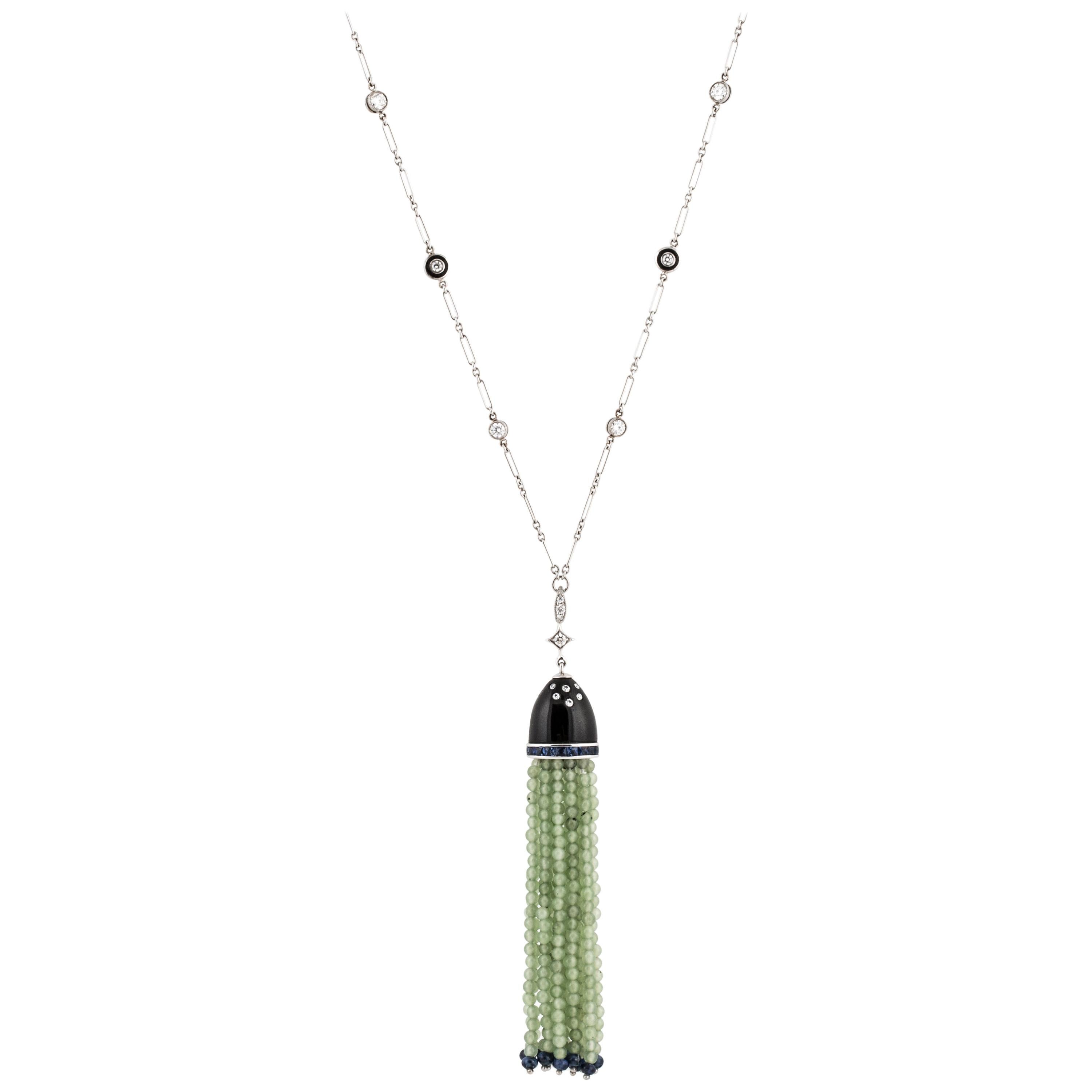 Fred Leighton Onyx and Jade Tassel Pendant Necklace in 18K White Gold For Sale