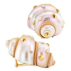Fred Leighton Twin Shell Diamond Pearl Gold Ear Clips