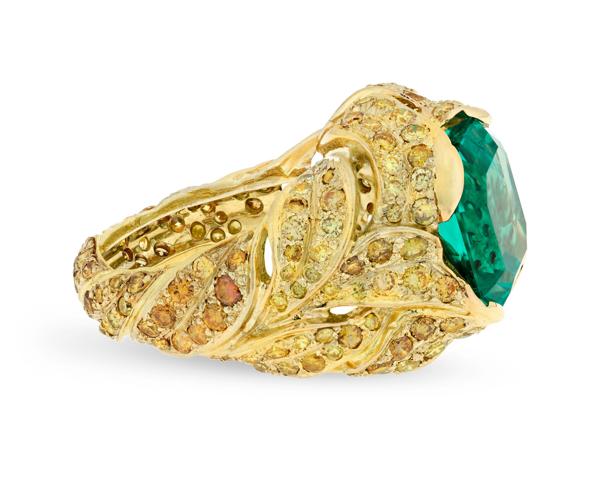An exceptional untreated 5.94-carat Colombian emerald makes a breathtaking impression in this dramatic ring by the famed jewelry designer to the stars, Fred Leighton. For centuries, Colombia has been the prime location for the mining of the finest