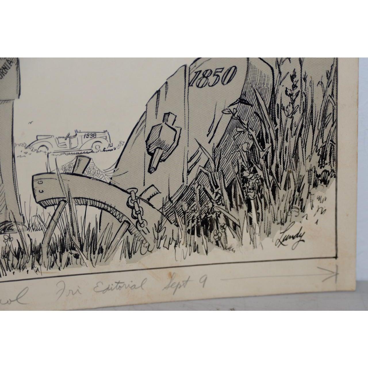 American Fred Lundy CA Great Depression Cartoon Illustration, circa 1938 For Sale