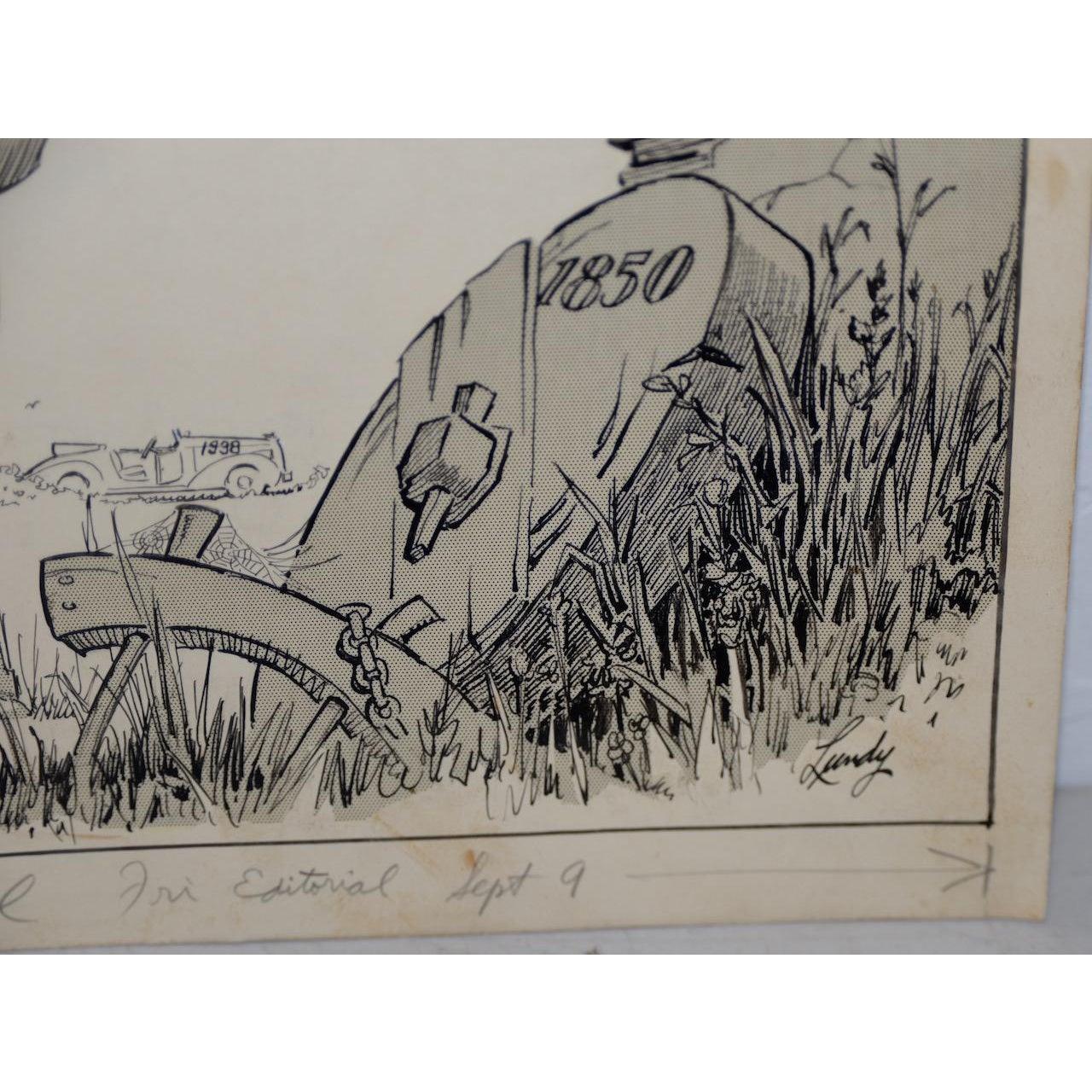 Hand-Painted Fred Lundy CA Great Depression Cartoon Illustration, circa 1938 For Sale
