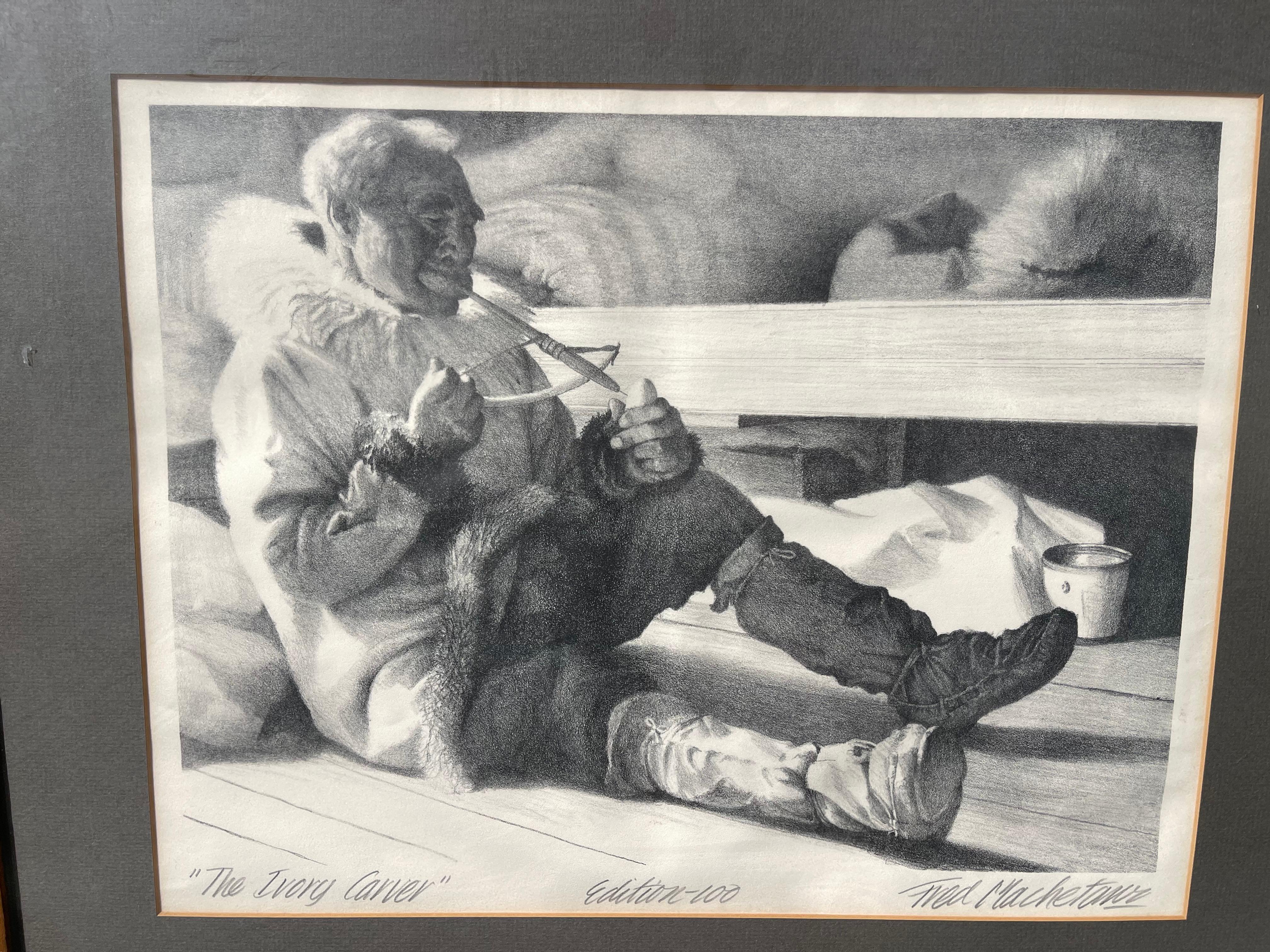 Fred Machetanz, 1908-2002, Stone Lithograph “The Ivory Carver” Signed, Numbered In Good Condition For Sale In Jensen Beach, FL