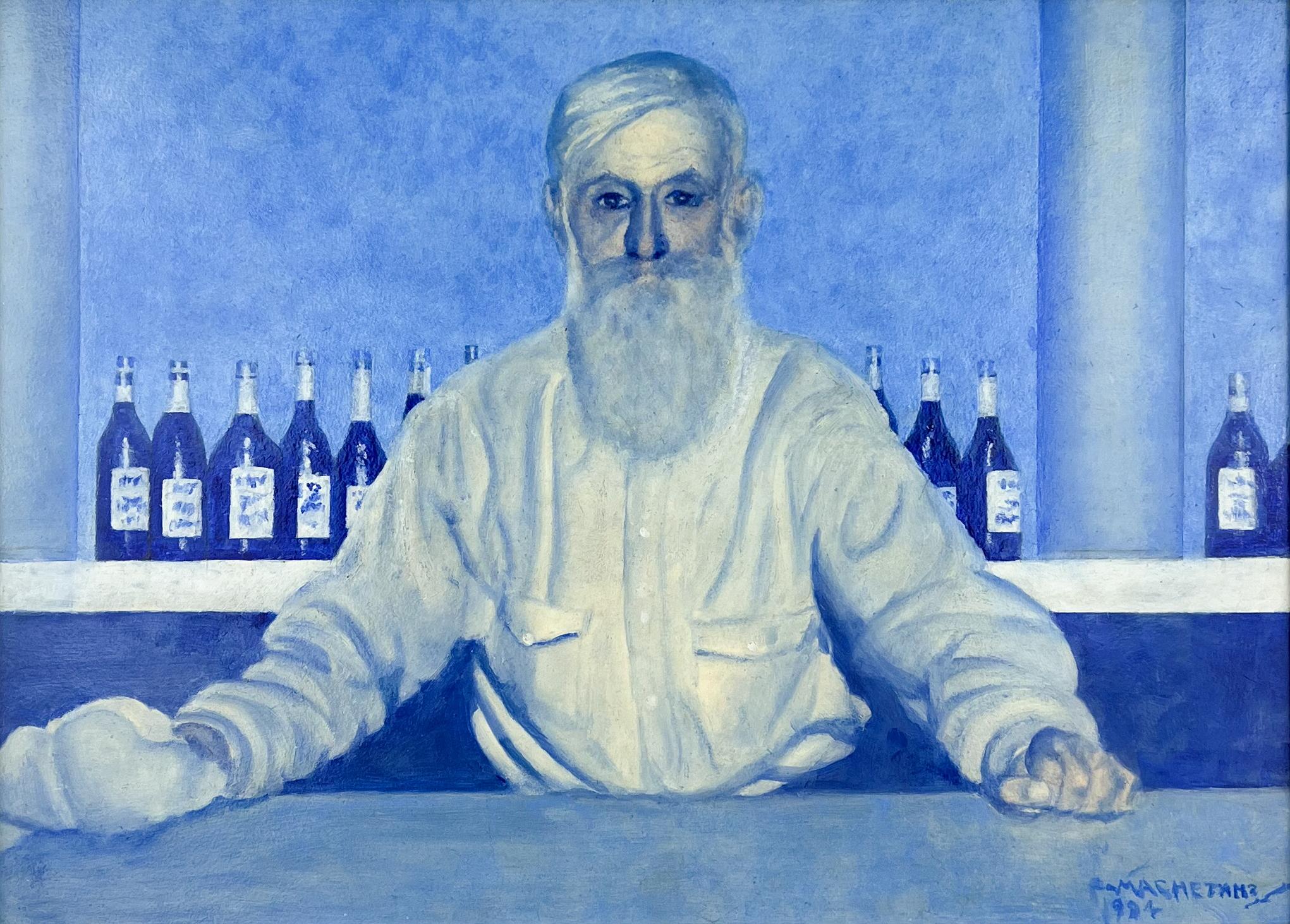 Was darf's sein? (Bartender)-Original Ultramarinblaues farbiges Gemälde einer Barszene, Original – Painting von Fred Machetanz