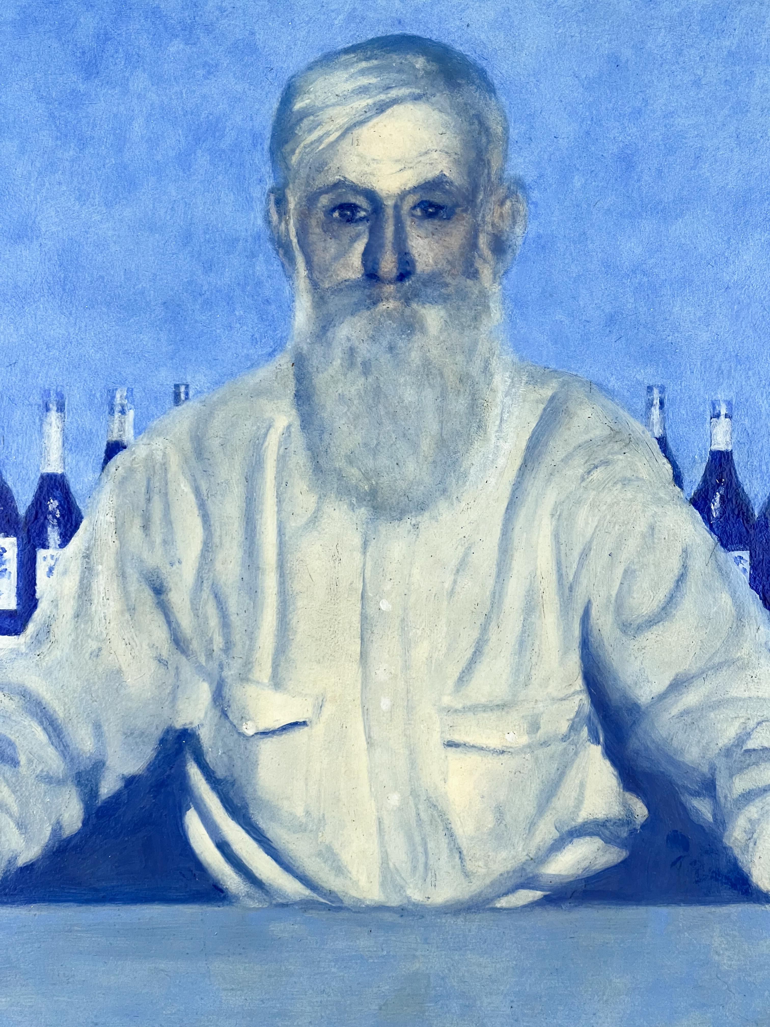 Was darf's sein? (Bartender)-Original Ultramarinblaues farbiges Gemälde einer Barszene, Original (Farbfeldmalerei), Painting, von Fred Machetanz