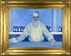 Qu'est-ce que ce sera ? (Bartender) - Peinture originale d'une scène de bar coloriste bleu ultramarine