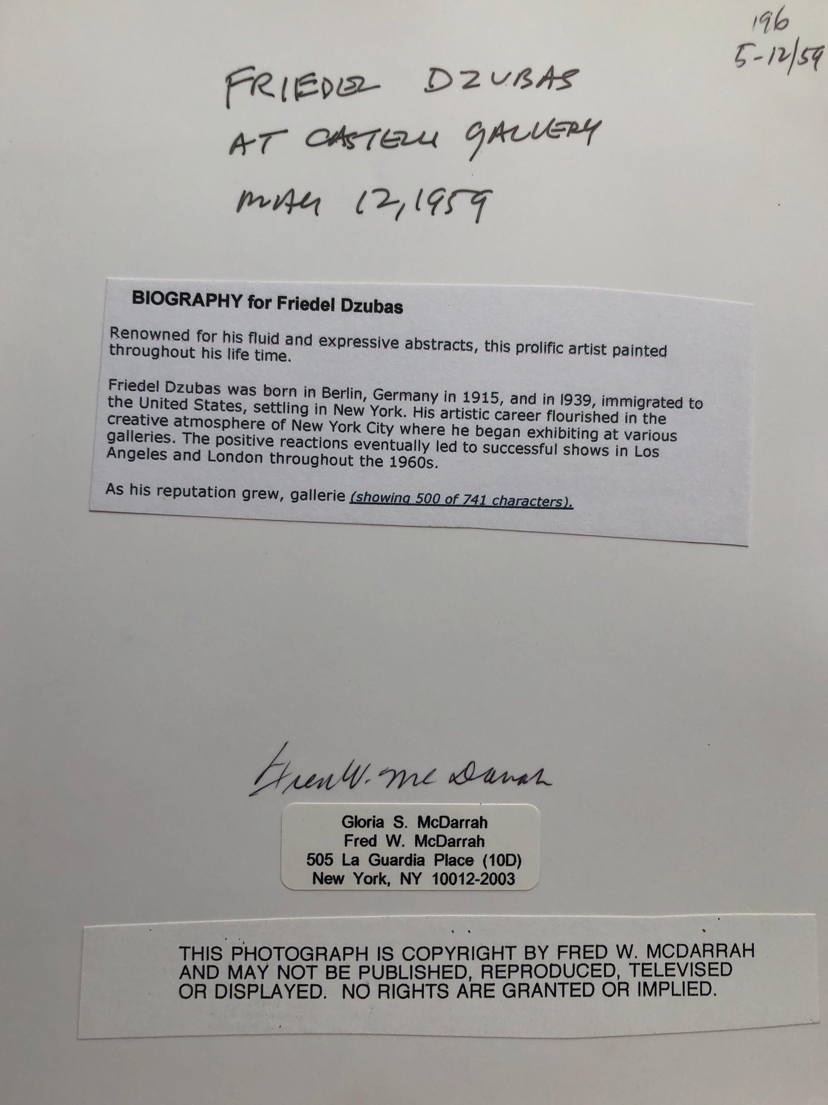  Il s'agit d'une photo de Friedl Dzubas (expressionniste abstrait) à la galerie Castelli, signée à l'encre et avec le cachet du photographe au verso et un titre écrit à la main....

Sur une période de 50 ans, McDarrah a documenté l'essor de la Beat
