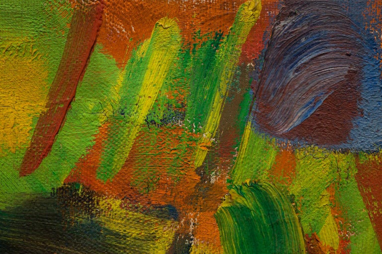 This small multicolor abstract is an exemplar work of America's most unique artistic movement, Abstract Expressionism, by one of its pioneers Fred Mitchell. This vibrantly colorful landscape is oil on canvas and exhibits the depth of creativity in