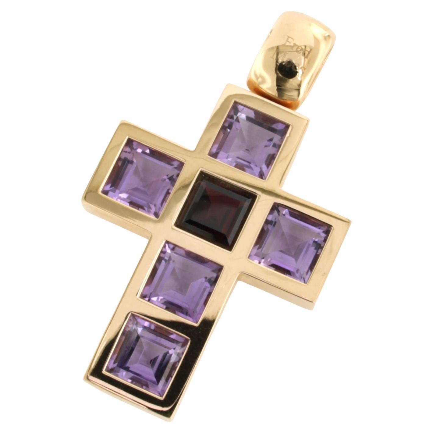 FRED MOES cross pendant with amethyst - 50.3 grams - 18k pink gold For Sale