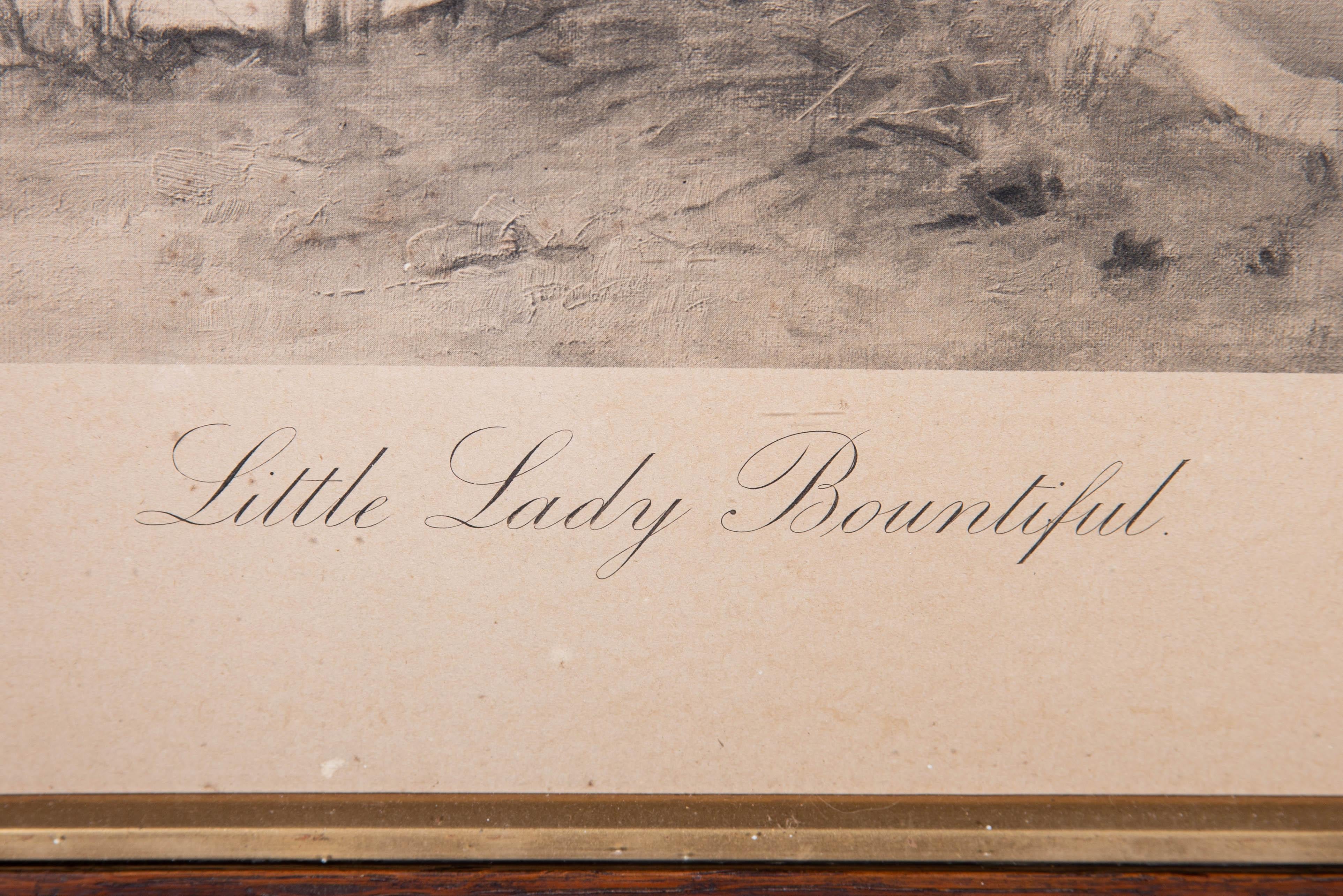 A charming photomechanical reproduction of Fred Morgan's Little Lady Bountiful. Produced by C. W. Faulkner & Co. London. Well presented in a wooden frame with a gilt slip. On wove.