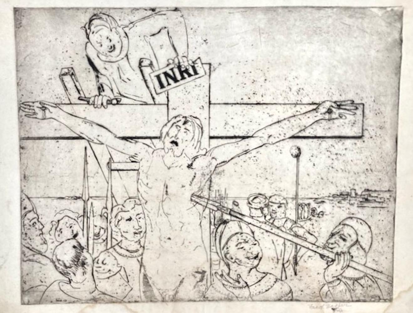 The etching (Crucifixion) is signed and titled in pencil.  Signed 'Fred' and possibly dated '27' in the image at lower left.

It's in an usually spare drawing style but one that Nagler did use occasionally. The faces themselves are an amazing study