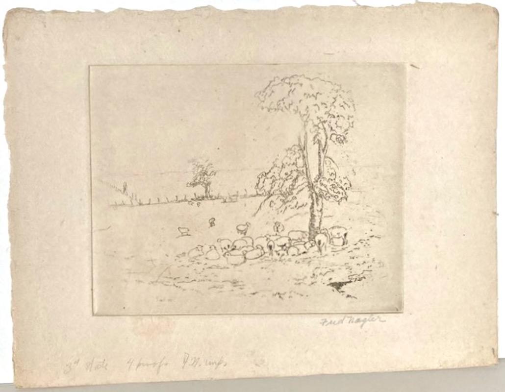 The etching (Sheep under a Tree) is signed in pencil and annotated (in lower margin) '3rd State, 4 proofs, JN imp.' in pencil.

It's in an usually spare drawing style but one that Nagler did use occasionally. This picture is the embodiment of calm.