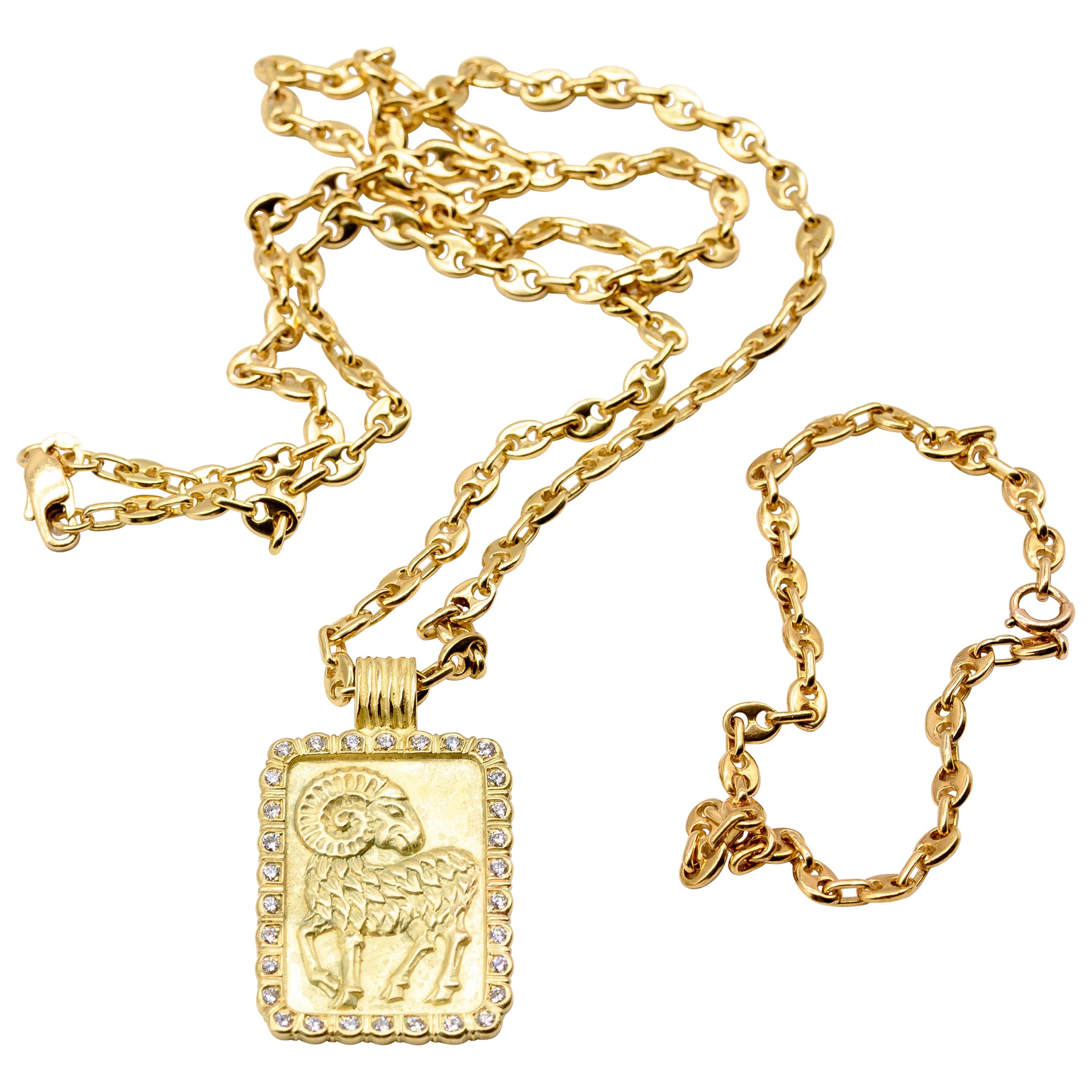 Fred of Paris 18 Karat Gold Diamond Aries Pendant and Chain