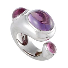 Fred of Paris 18 Karat White Gold Amethyst and Pink Tourmaline Large Open Ring