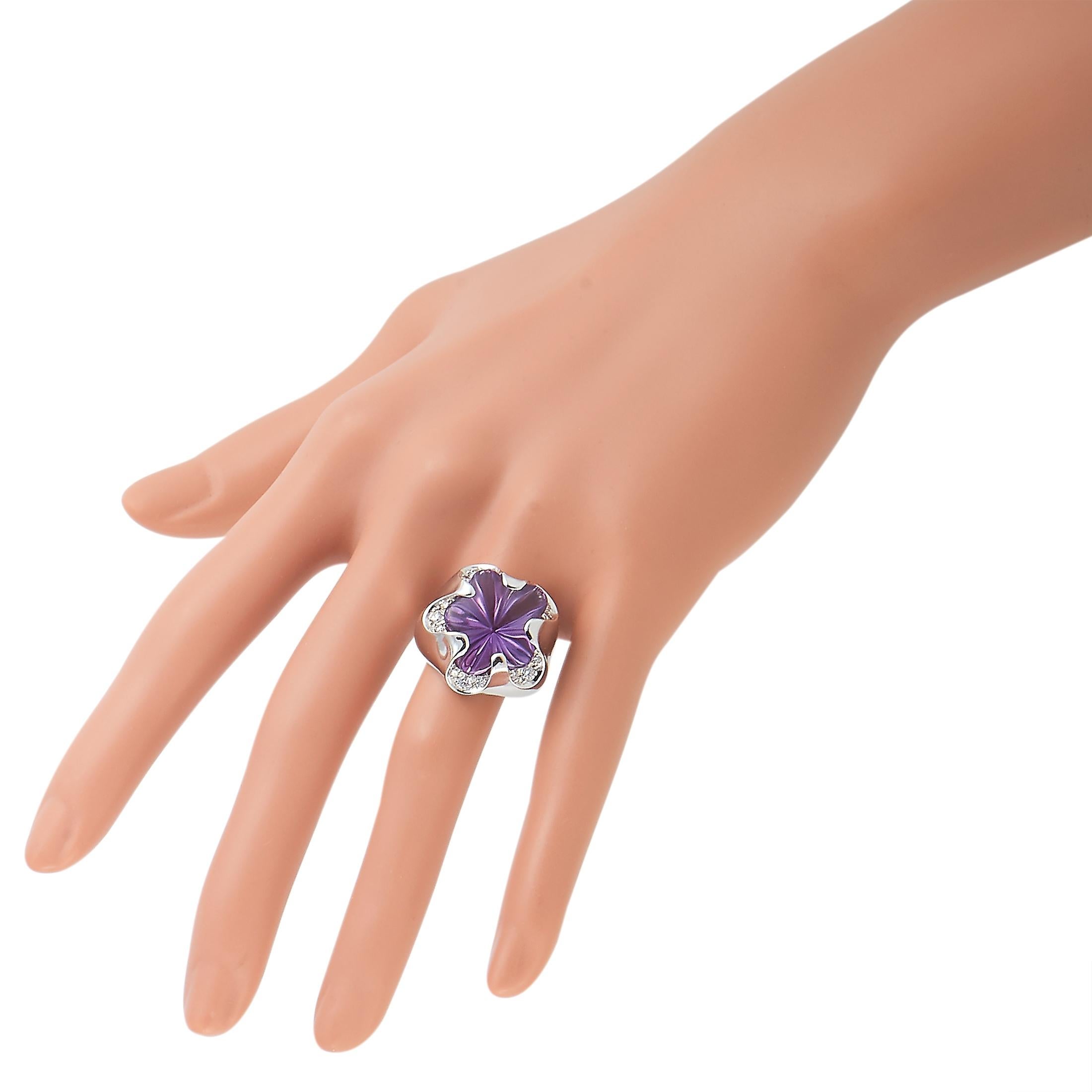 Round Cut Fred of Paris 18 Karat White Gold 0.35 Carat Diamond and Amethyst Cocktail Ring