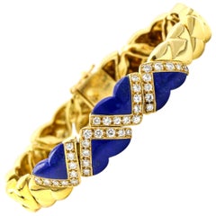 Vintage Fred of Paris 18 Karat Yellow Gold Lapis Lazuli Diamond Heart Link Bracelet