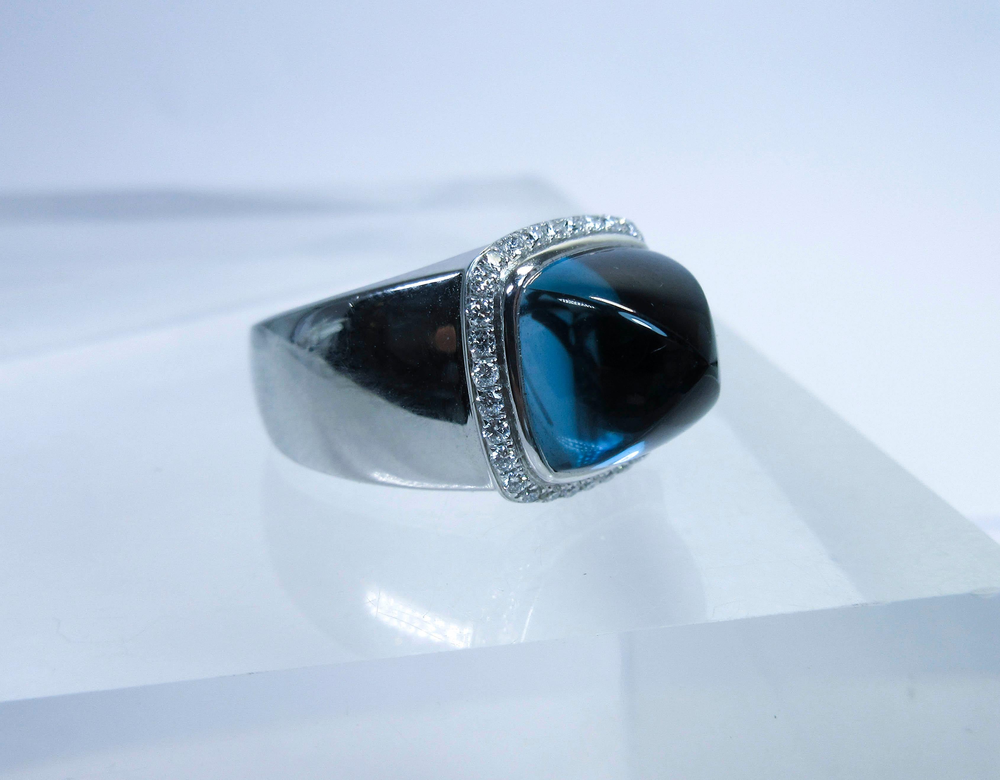 Fred of Paris 18 Karat White Gold Sugarloaf Cabochon Blue Topaz Diamond Ring 8
