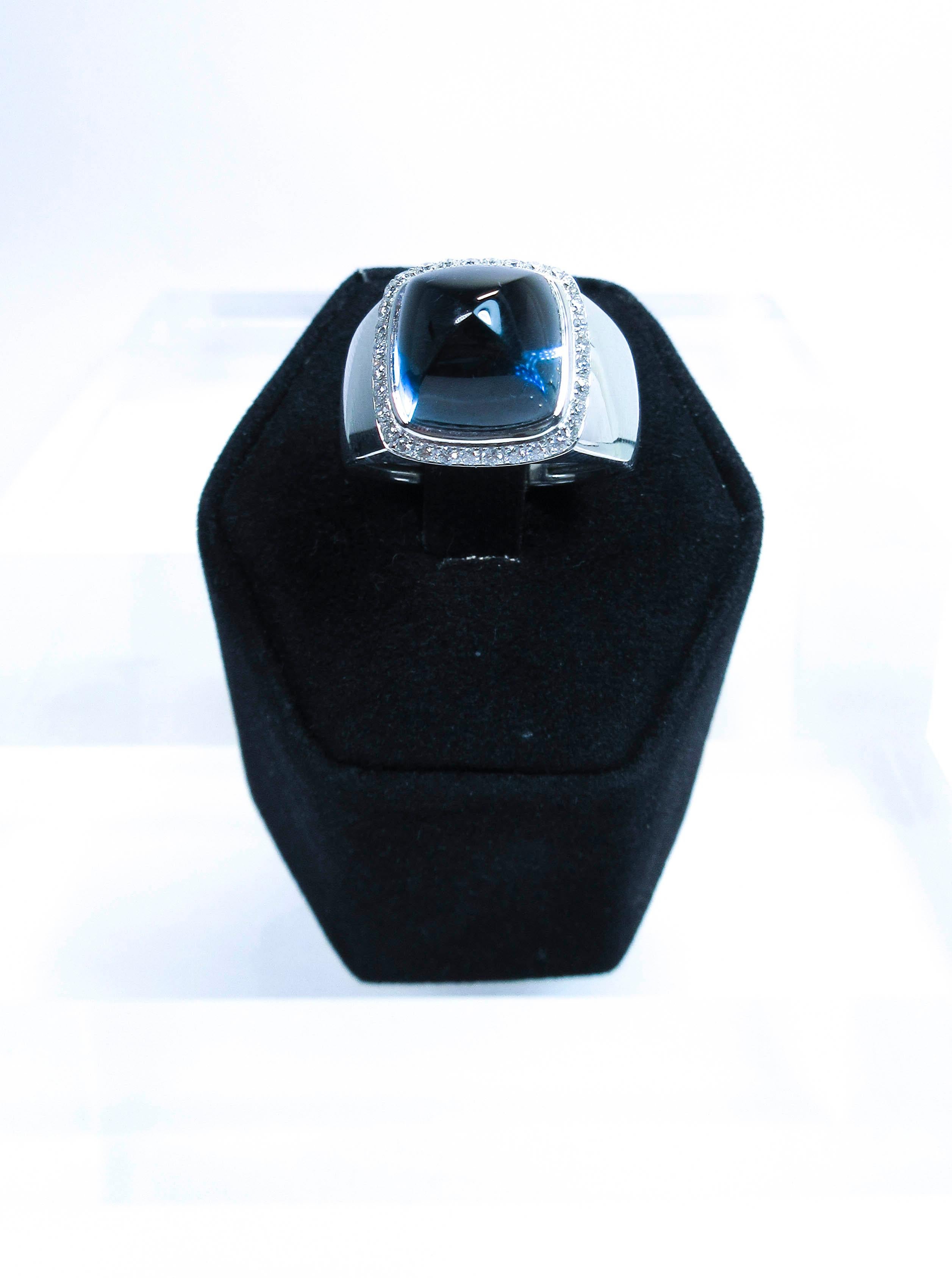 Fred of Paris 18 Karat White Gold Sugarloaf Cabochon Blue Topaz Diamond Ring In Excellent Condition In Los Angeles, CA