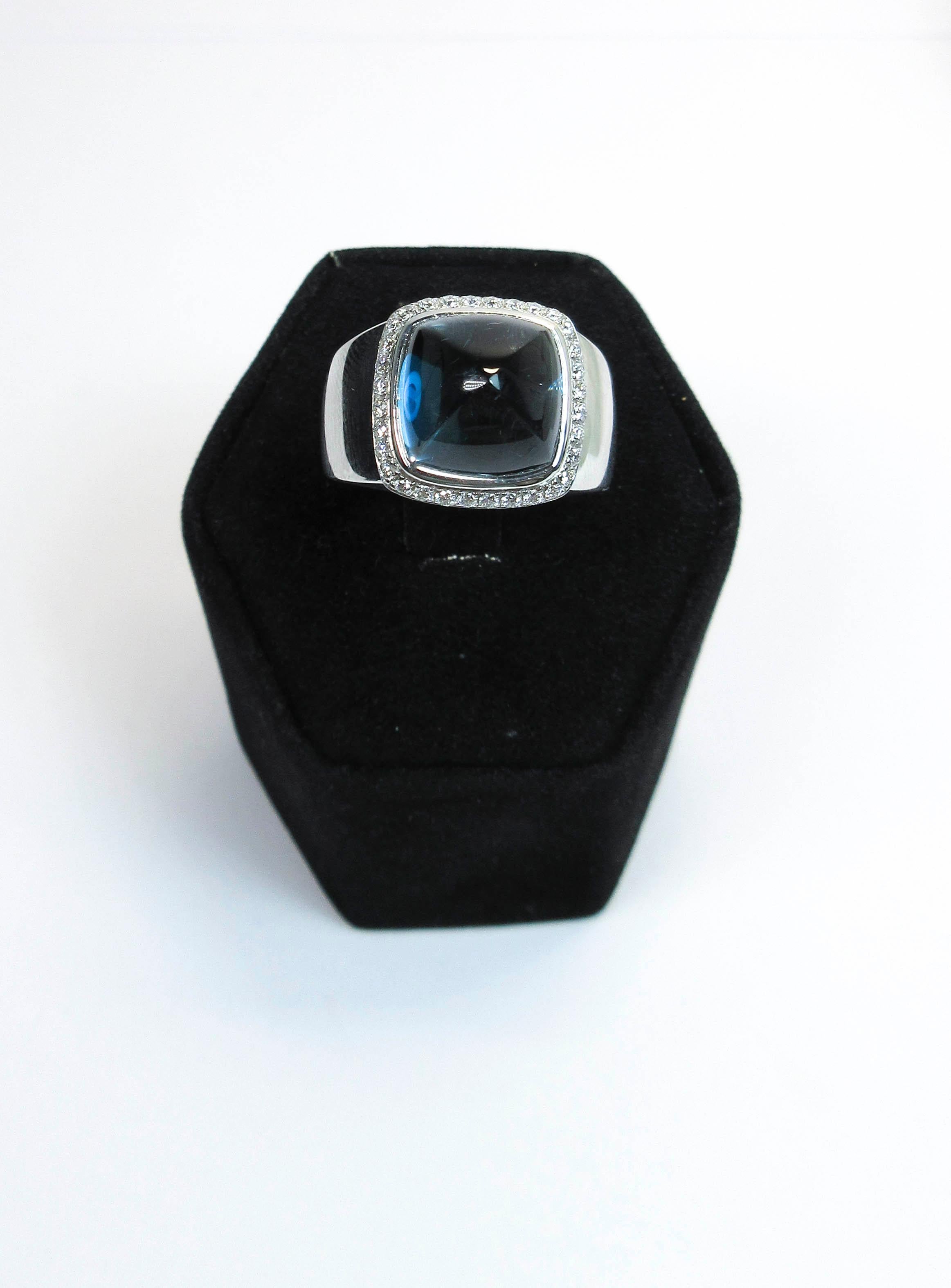 Fred of Paris 18 Karat White Gold Sugarloaf Cabochon Blue Topaz Diamond Ring For Sale 2
