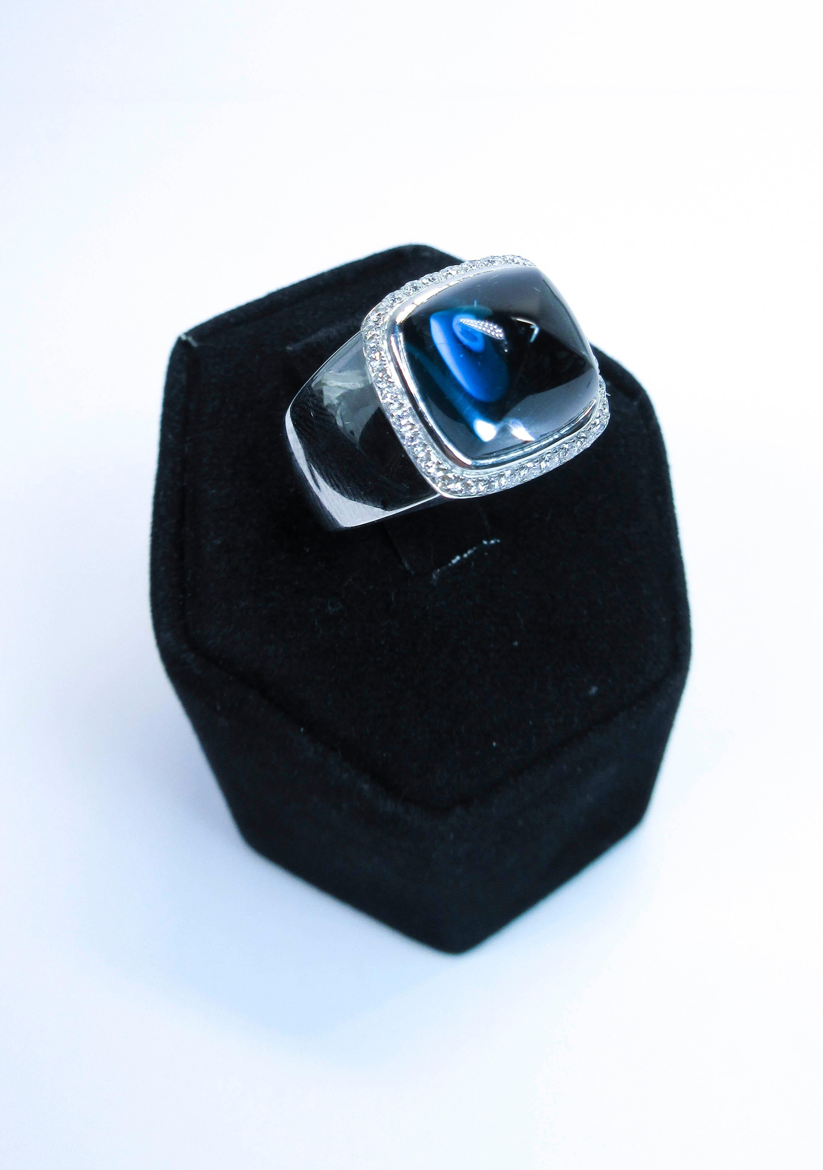 Fred of Paris 18 Karat White Gold Sugarloaf Cabochon Blue Topaz Diamond Ring For Sale 3