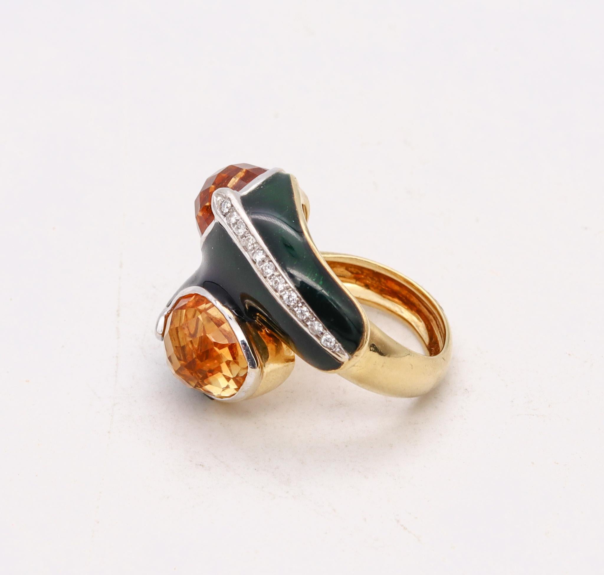 Women's or Men's Fred of Paris 1970 Cocktail Ring In 18Kt Gold Diamonds Citrines Green Enamel For Sale