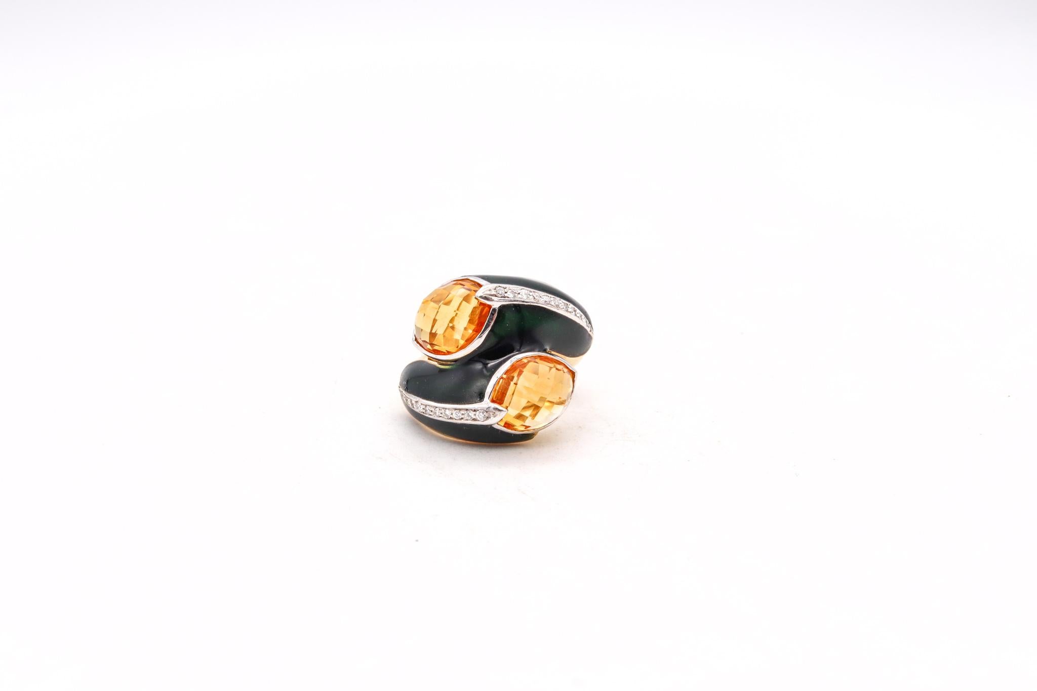 Fred of Paris 1970 Cocktail Ring In 18Kt Gold Diamonds Citrines Green Enamel For Sale 2