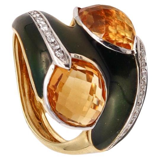 Fred of Paris 1970 Cocktail Ring In 18Kt Gold Diamonds Citrines Green Enamel For Sale
