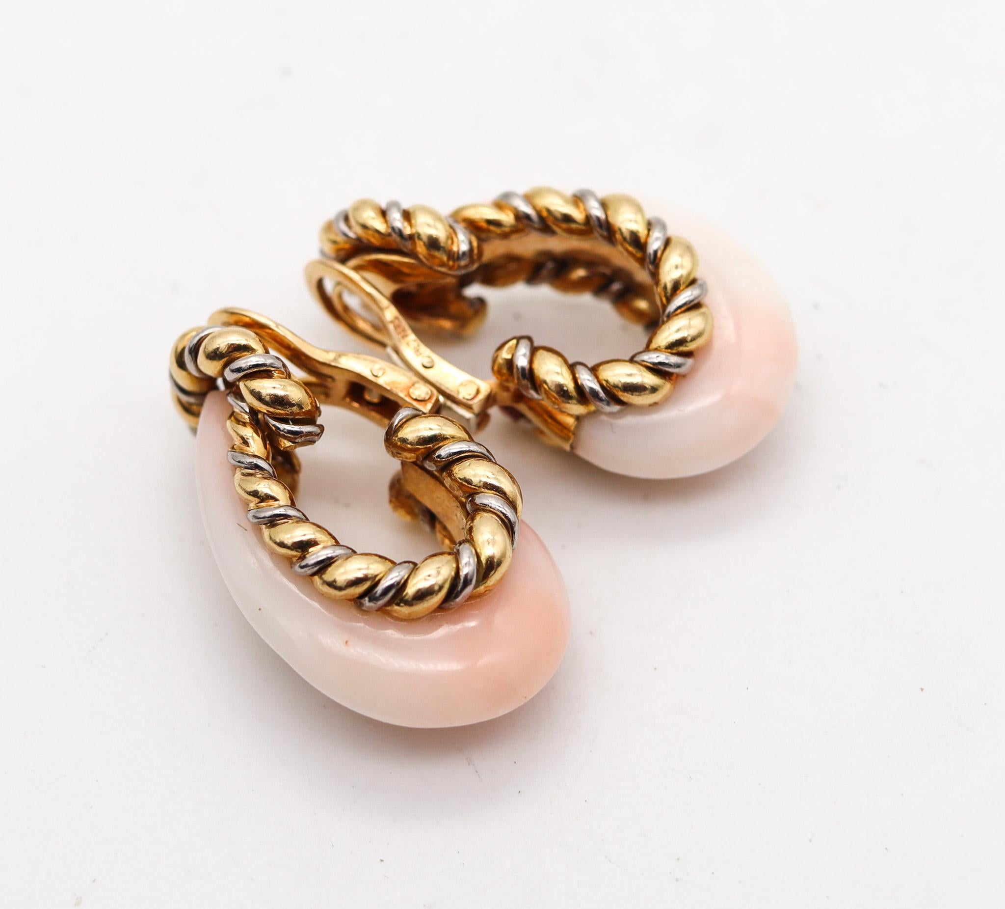 Cabochon Fred of Paris 1970 Modernist Hoop Earrings In 18Kt Yellow Gold With Carved Coral For Sale