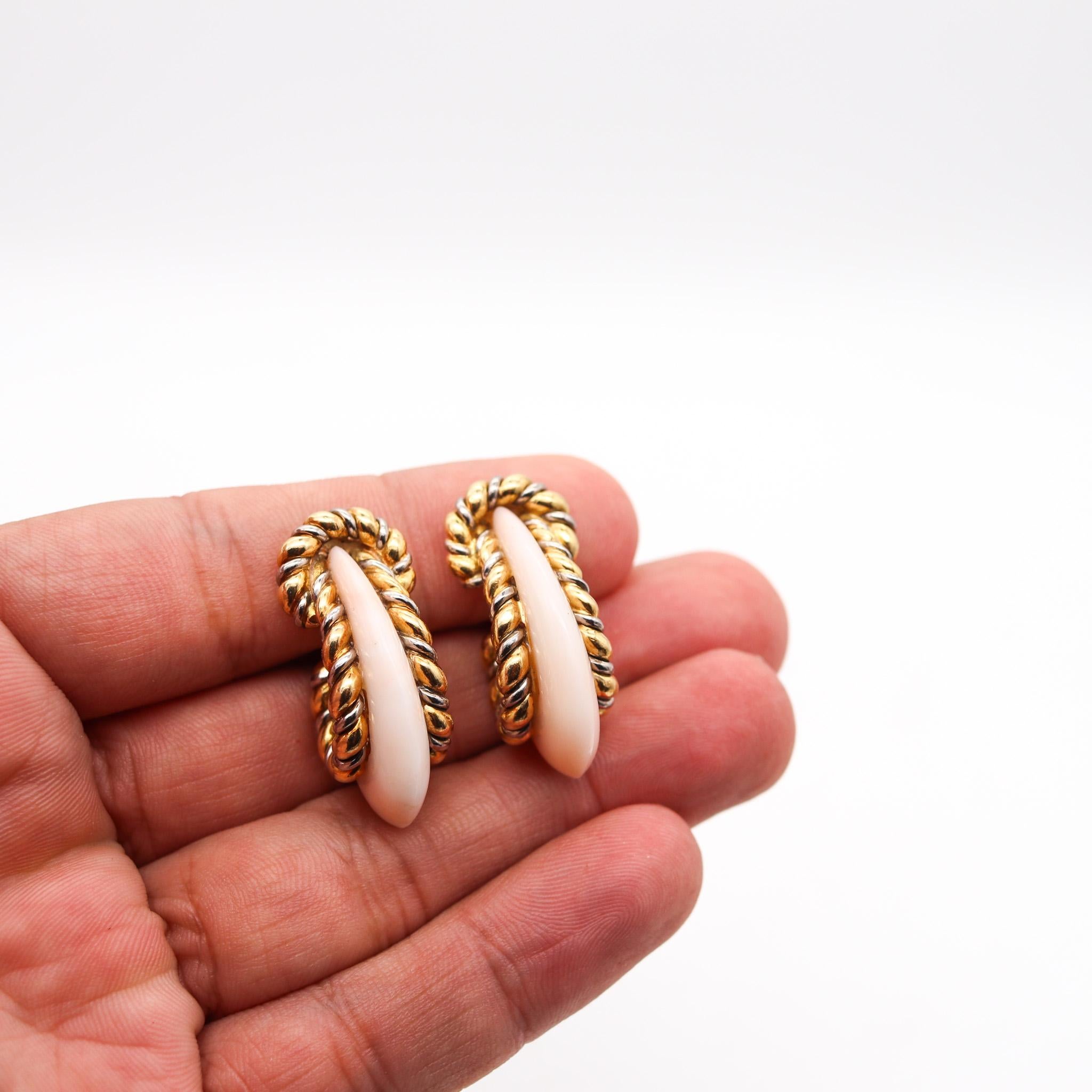 Fred of Paris 1970 Modernist Hoop Earrings In 18Kt Yellow Gold With Carved Coral For Sale 1