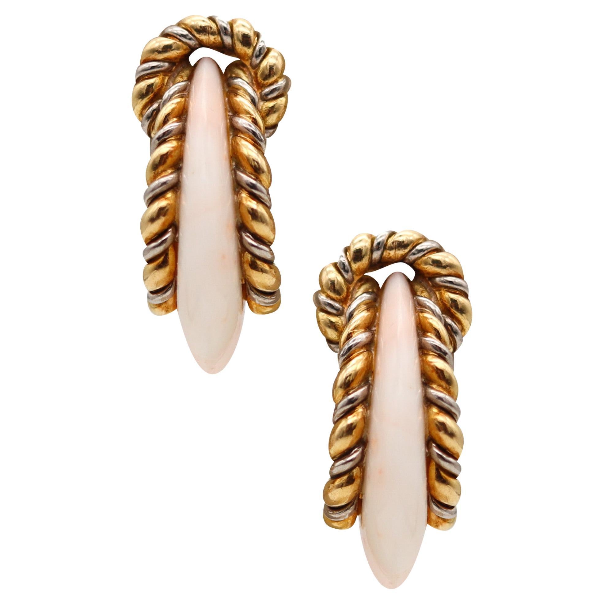 Fred of Paris 1970 Modernist Hoop Earrings In 18Kt Yellow Gold With Carved Coral For Sale