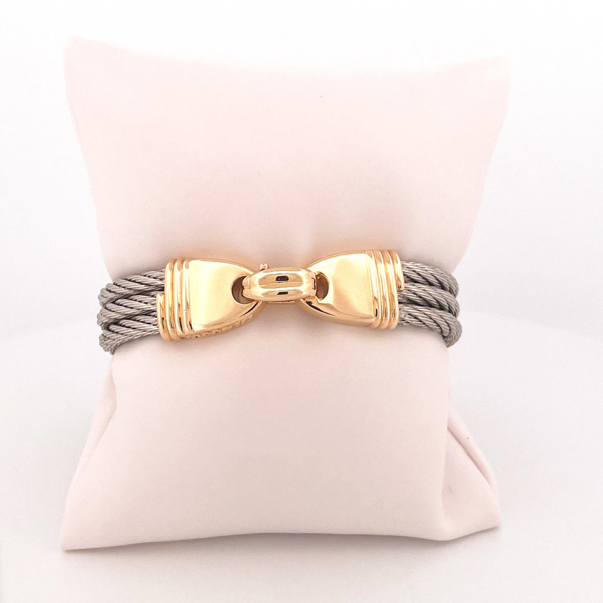 Fred of Paris 1990er Jahre Edelstahl & 18k Gelbgold Force 10 Kabel-Armreif im Zustand „Hervorragend“ im Angebot in Dallas, TX