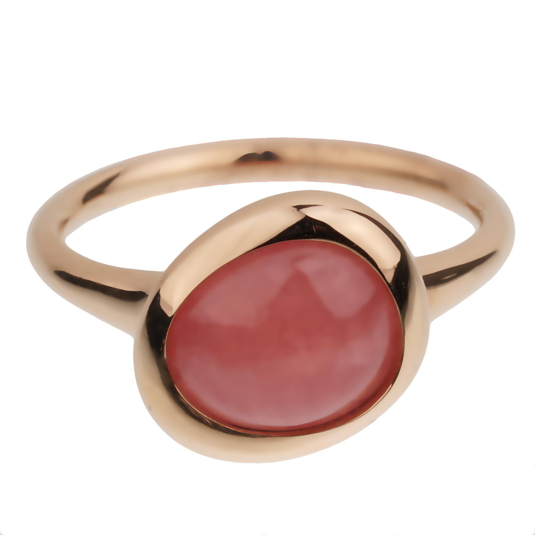 A chic Fred of Paris rose gold cocktail ring showcasing a 3ct cabochon Pink Quartz set in 18k gold. The ring measures a size 5 and can be resized if needed.