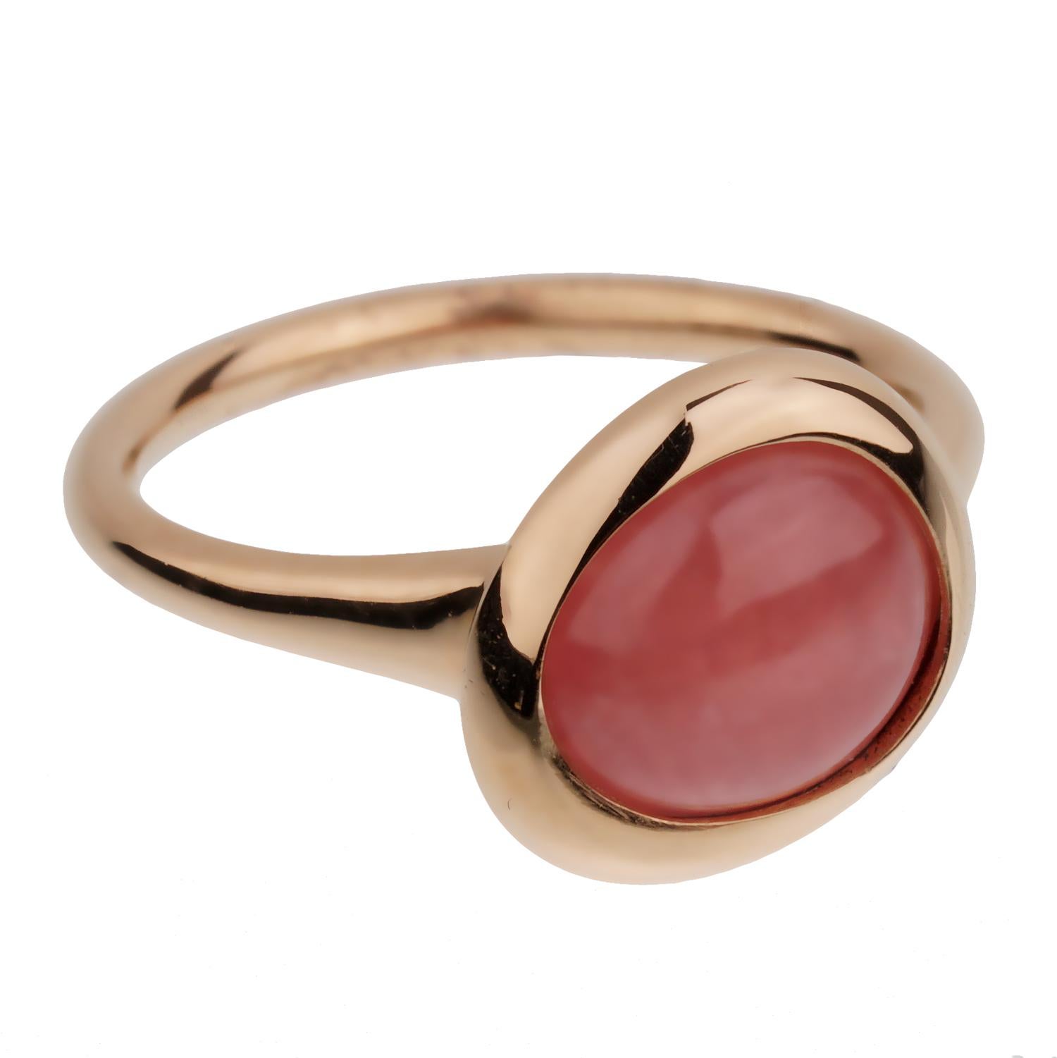A chic Fred of Paris rose gold cocktail ring showcasing a 3ct cabochon Pink Quartz set in 18k gold. The ring measures a size 5 and can be resized if needed.