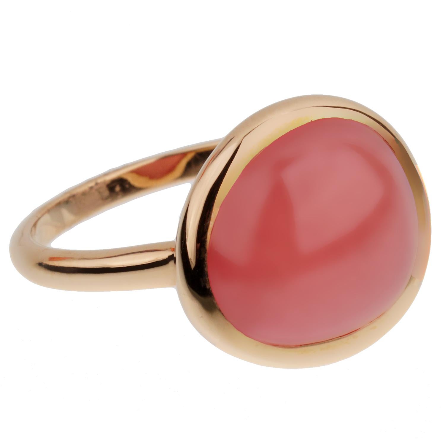 A chic Fred of Paris rose gold cocktail ring showcasing a 7ct cabochon Rhodochrosite set in 18k gold. The ring measures a size 6 3/4 and can be resized if needed.