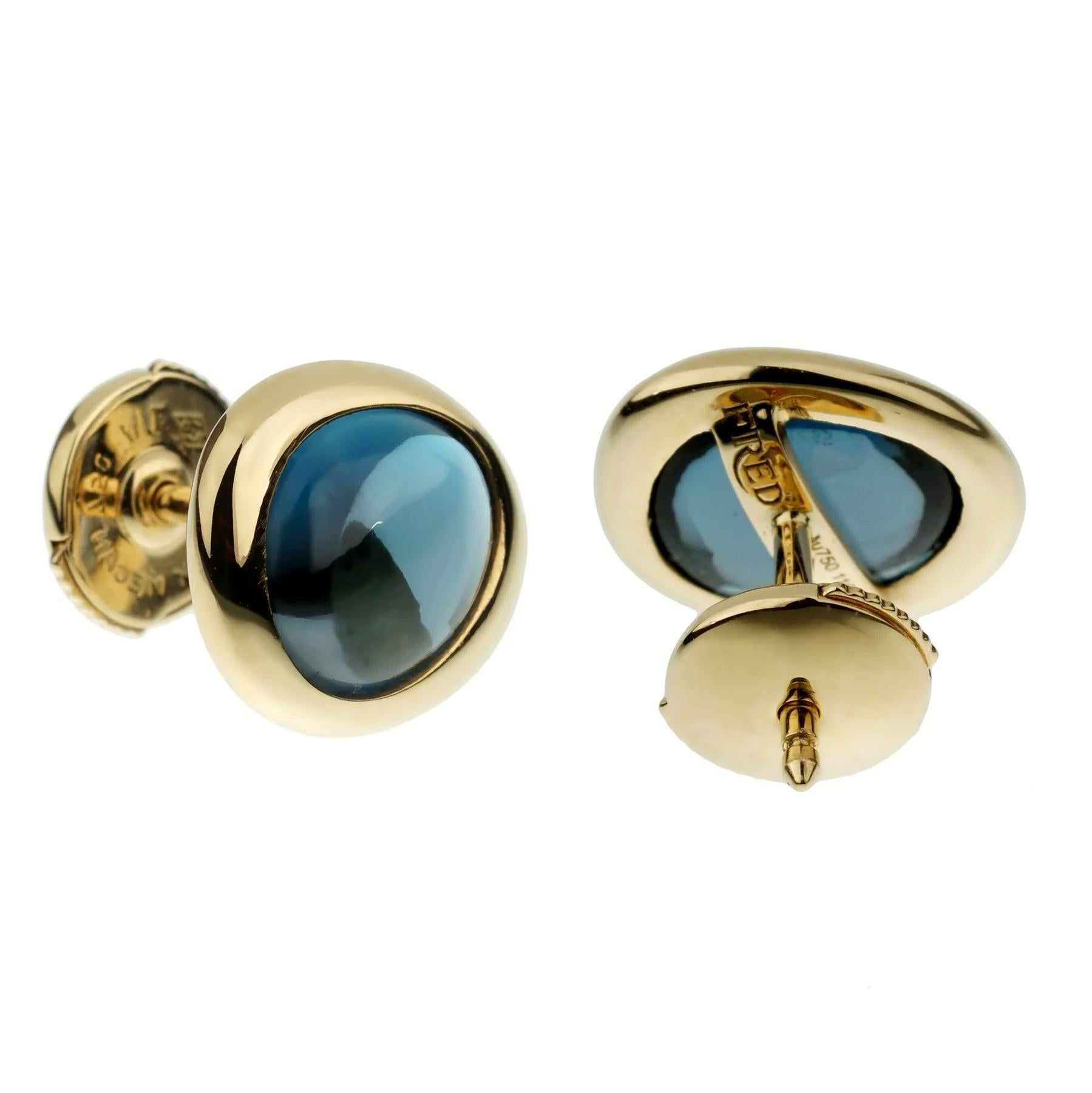 Cabochon Fred of Paris Blue Topaz Yellow Gold Stud Earrings For Sale