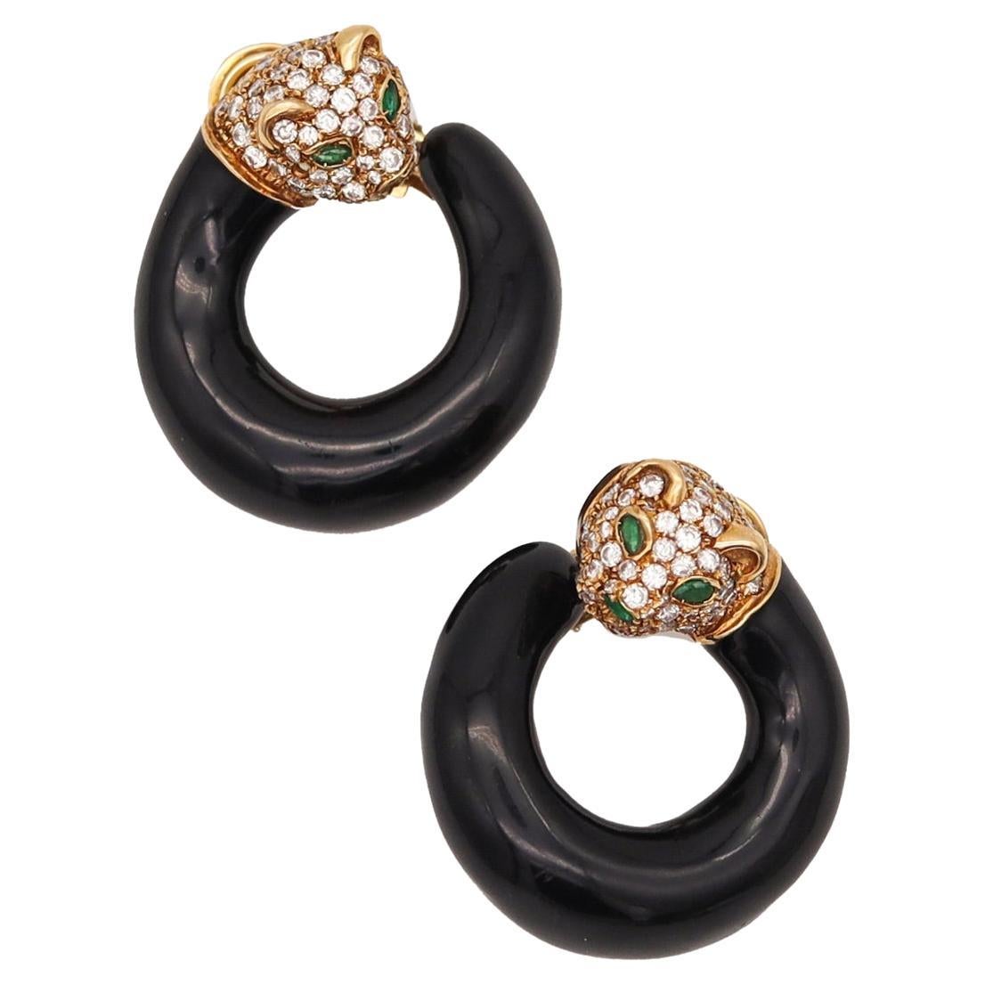 Fred of Paris Enamel Panther Clips Earrings 18kt Yellow Gold 3.56 Ctw in Diamond For Sale