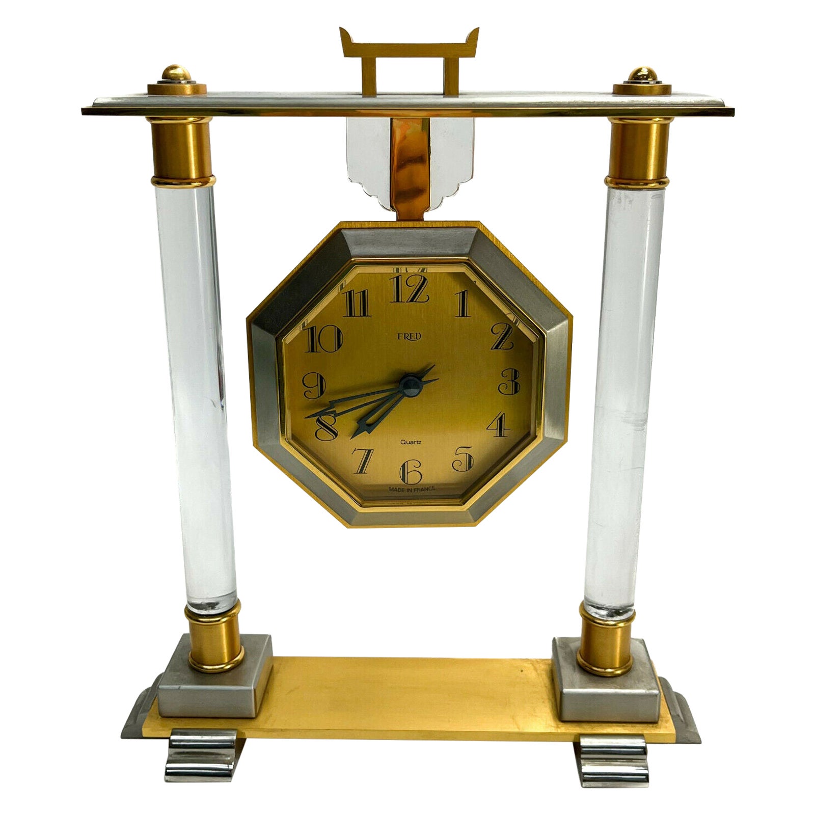 Fred of Paris Gilt Silver Plated and Acrylic Modernist Clock #1397 For Sale