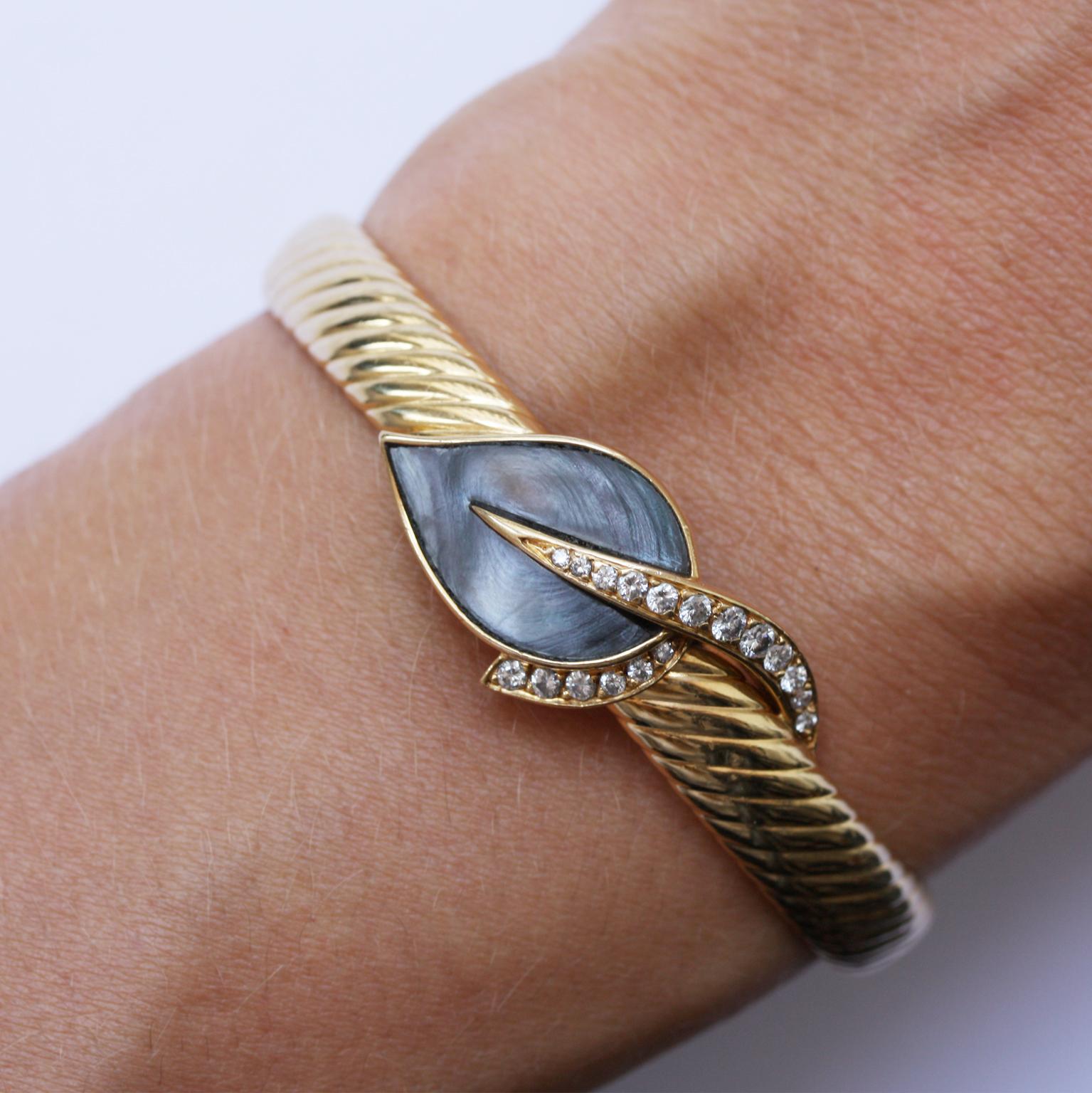 Fred of Paris Gold, Diamond and Abalone Leaf Bangle 1