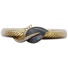 Vintage Fred of Paris Gold, Diamond and Abalone Leaf Bangle