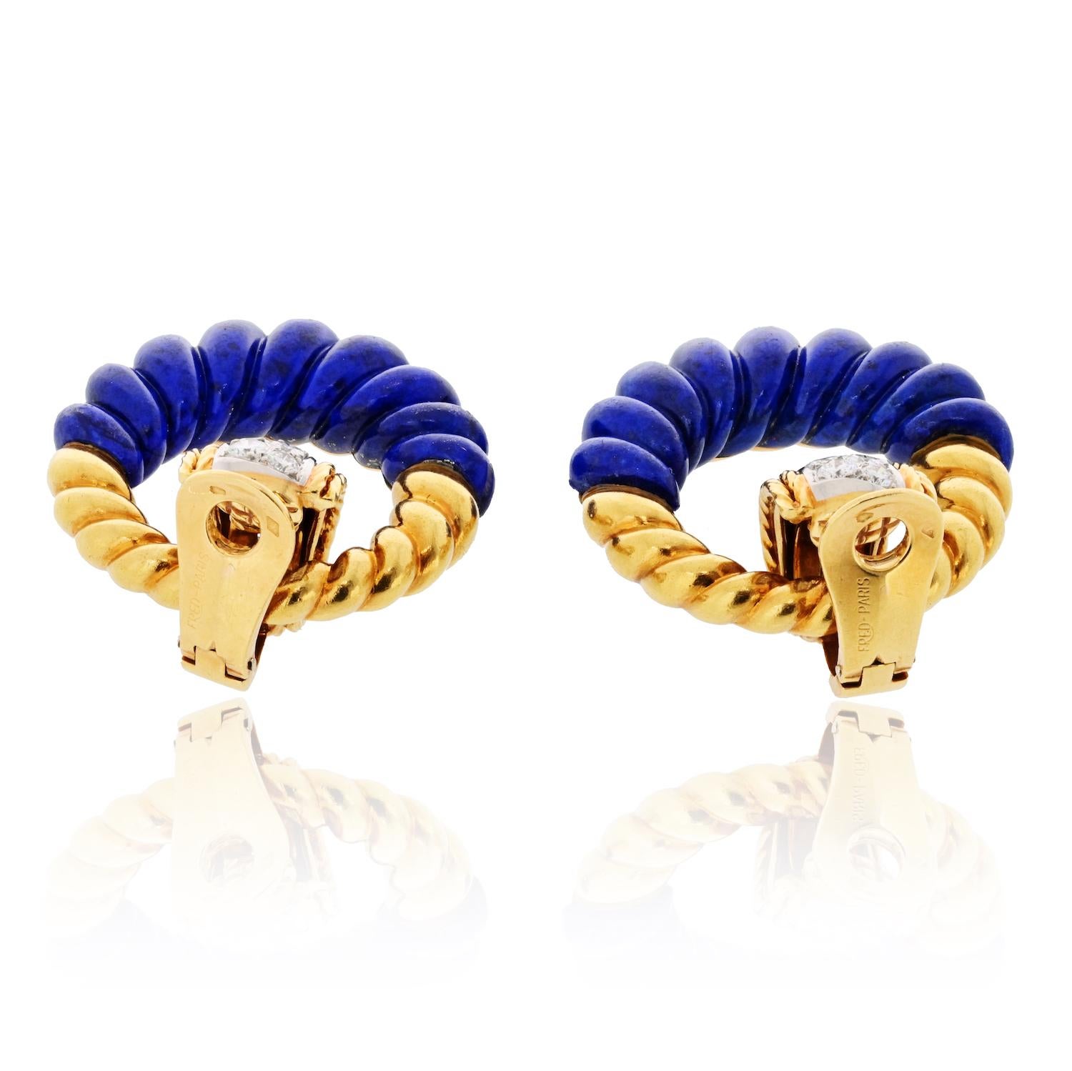 Fred Of Paris Lapis, 18K Yellow Gold Malachite Door Knocker Hoop Earrings 4