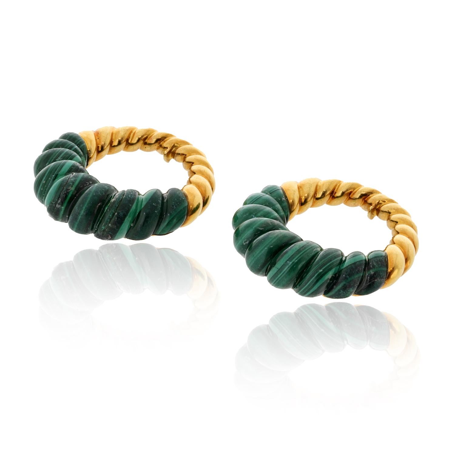 Fred Of Paris Lapis, 18K Yellow Gold Malachite Door Knocker Hoop Earrings 5