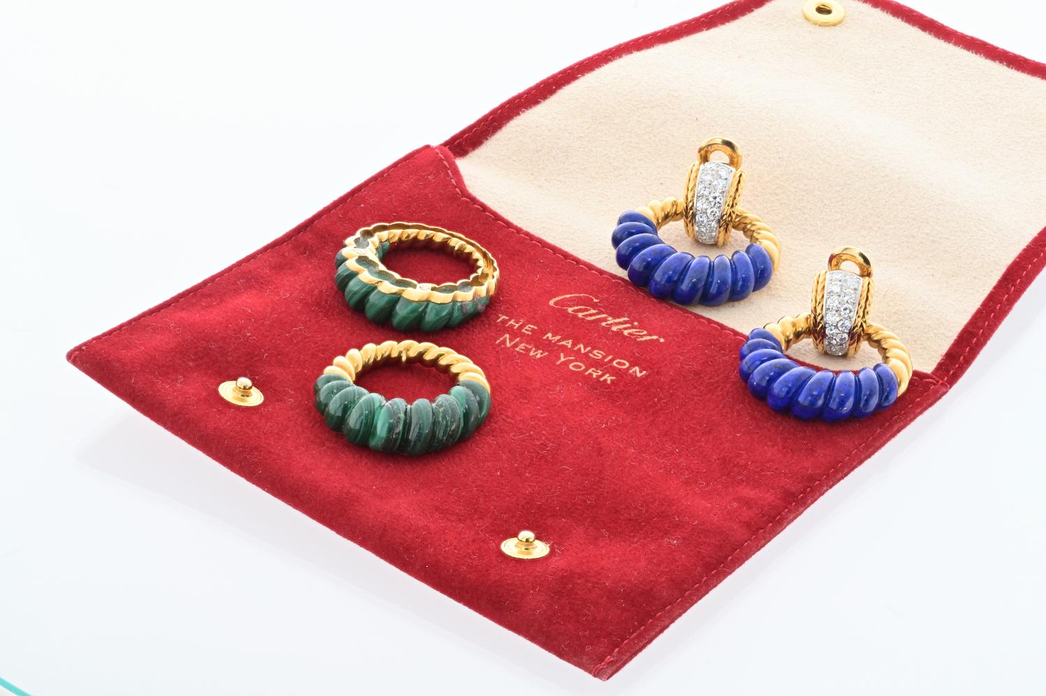 Fred Of Paris Lapis, 18K Yellow Gold Malachite Door Knocker Hoop Earrings 6