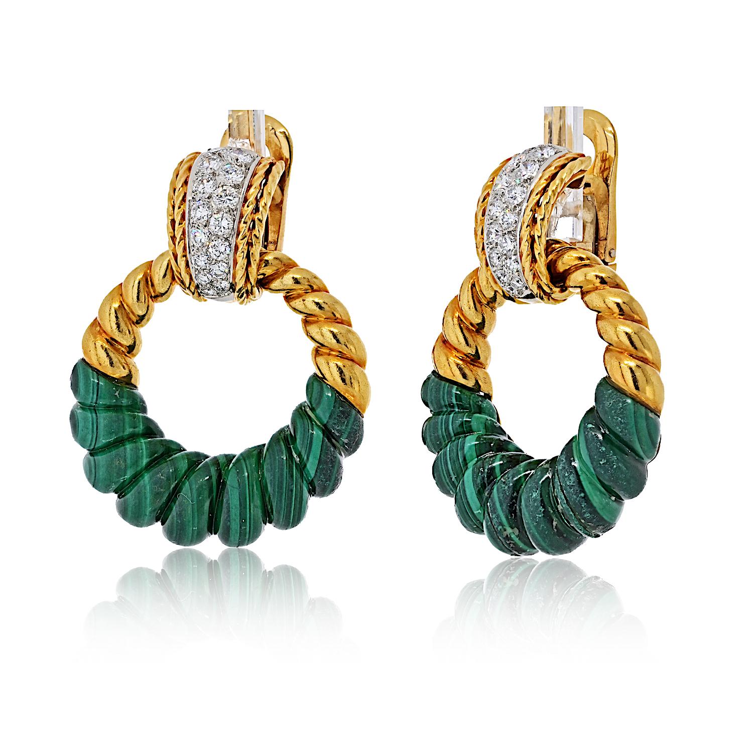 Modern Fred Of Paris Lapis, 18K Yellow Gold Malachite Door Knocker Hoop Earrings