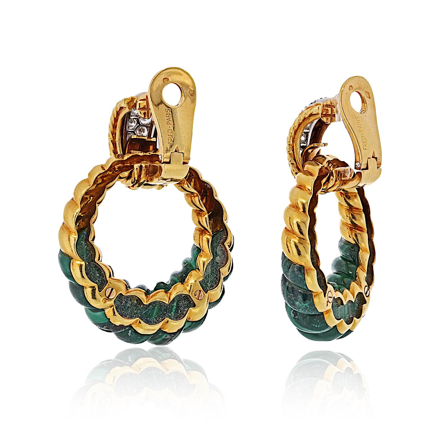 Round Cut Fred Of Paris Lapis, 18K Yellow Gold Malachite Door Knocker Hoop Earrings
