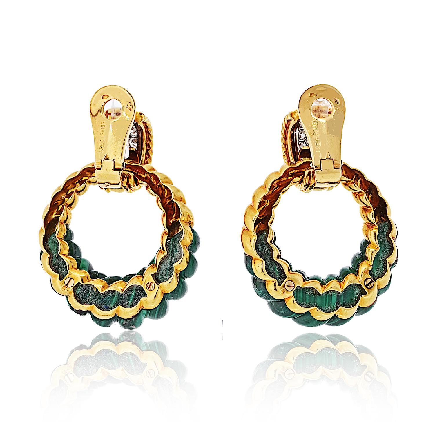 Fred Of Paris Lapis, 18K Yellow Gold Malachite Door Knocker Hoop Earrings In Excellent Condition In New York, NY